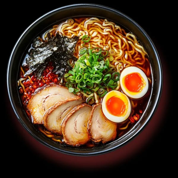 A close-up of DOMOISHI ramen with pork, soft-boiled eggs, green onions, and seaweed.