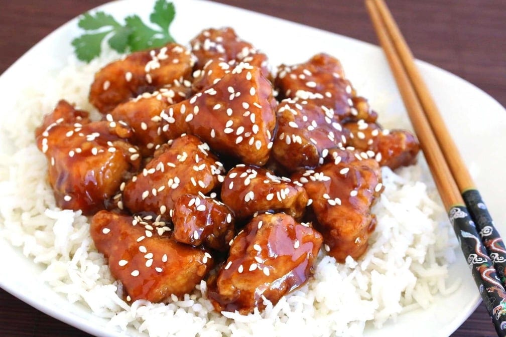 Sesame chicken rice dish.