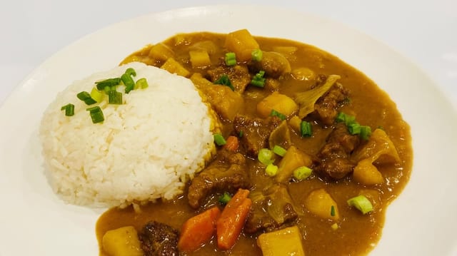 Beef curry rice bowl.