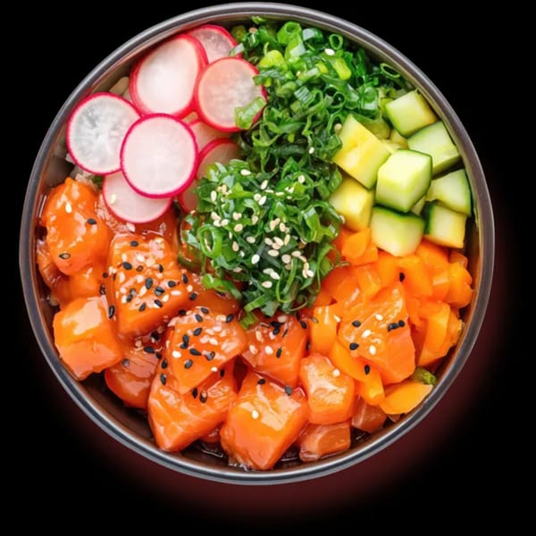 Top-down view of a colorful poke bowl with salmon, radishes, scallions, and cucumbers.